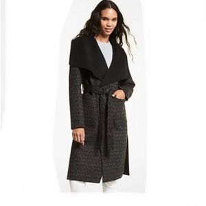 $425 Michael Kors Women's Black Wool Blend Logo Jacquard Wrap Coat Size M